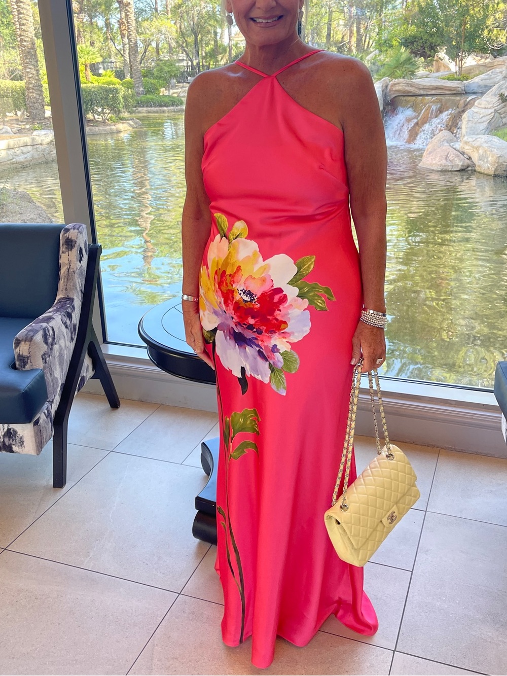 Xscape Hot Pink Floral Halter Maxi Dress with Multicolor Bloom